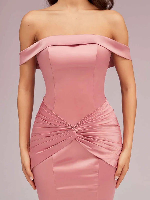 Robe de soirée longue en satin plissé, style sirène, épaules dénudées, sexy, avec traîne